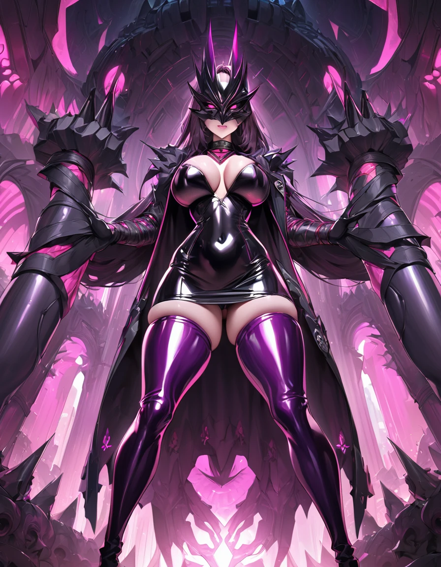 Young beautiful woman,(Highest quality,Extremely detailed depiction,Incredibly absurd high resolution,Anatomically accurate depiction,Two lovely hands, Five perfect fingers,Curvy Legs),(Glowing Skin,Shiny skin,Oilskin),(((Female Leader of an Evil Organization))),(Latex military costume,A shiny bondage dress with an intricate structure,military cloak,Villain mask covering the eyes,Thigh-high boots,Long gloves,Leather Choker,pantyhose),eyelash,eye shadow,(Glowing pink eyes,There is cleavage in the chest,A seductive smile,Large Breasts,Glossy Lips,Shadowed face,Sitting cross-legged),Sweat,whole body,blush,background:Futuristic secret base,Pink light,(From below:1.1)