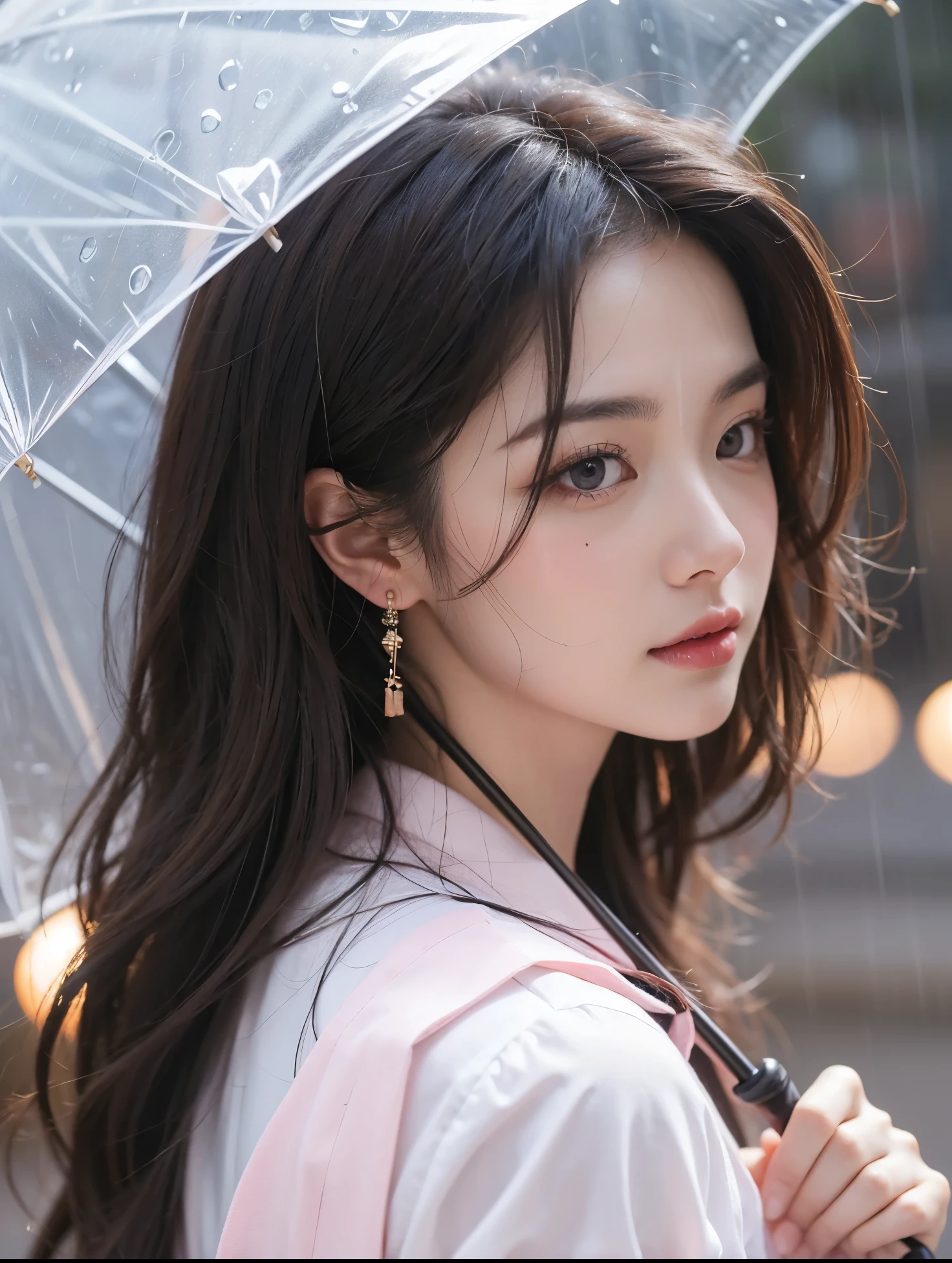 Beautiful Japanese waifu, early 30s, brunette hair, white dress, transparent umbrella, in rain