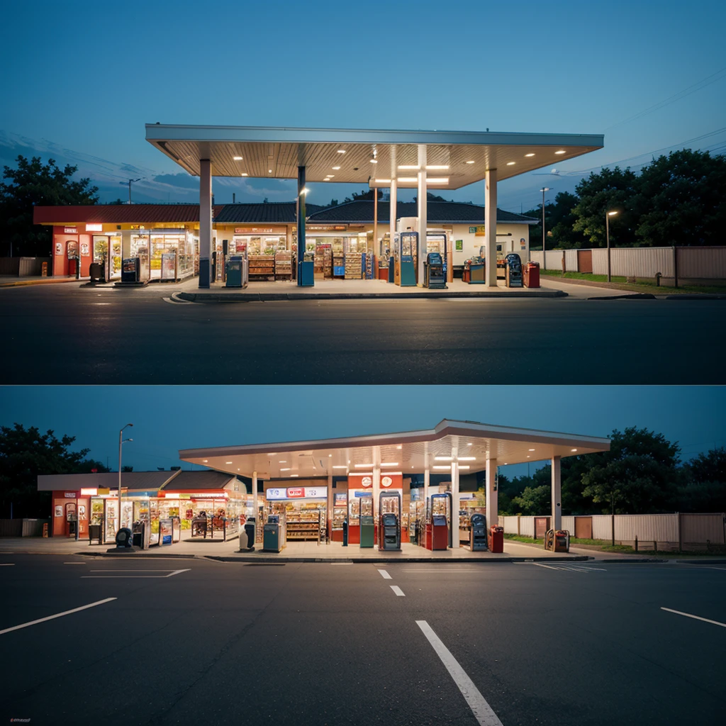 Gas station with supermarket and evening