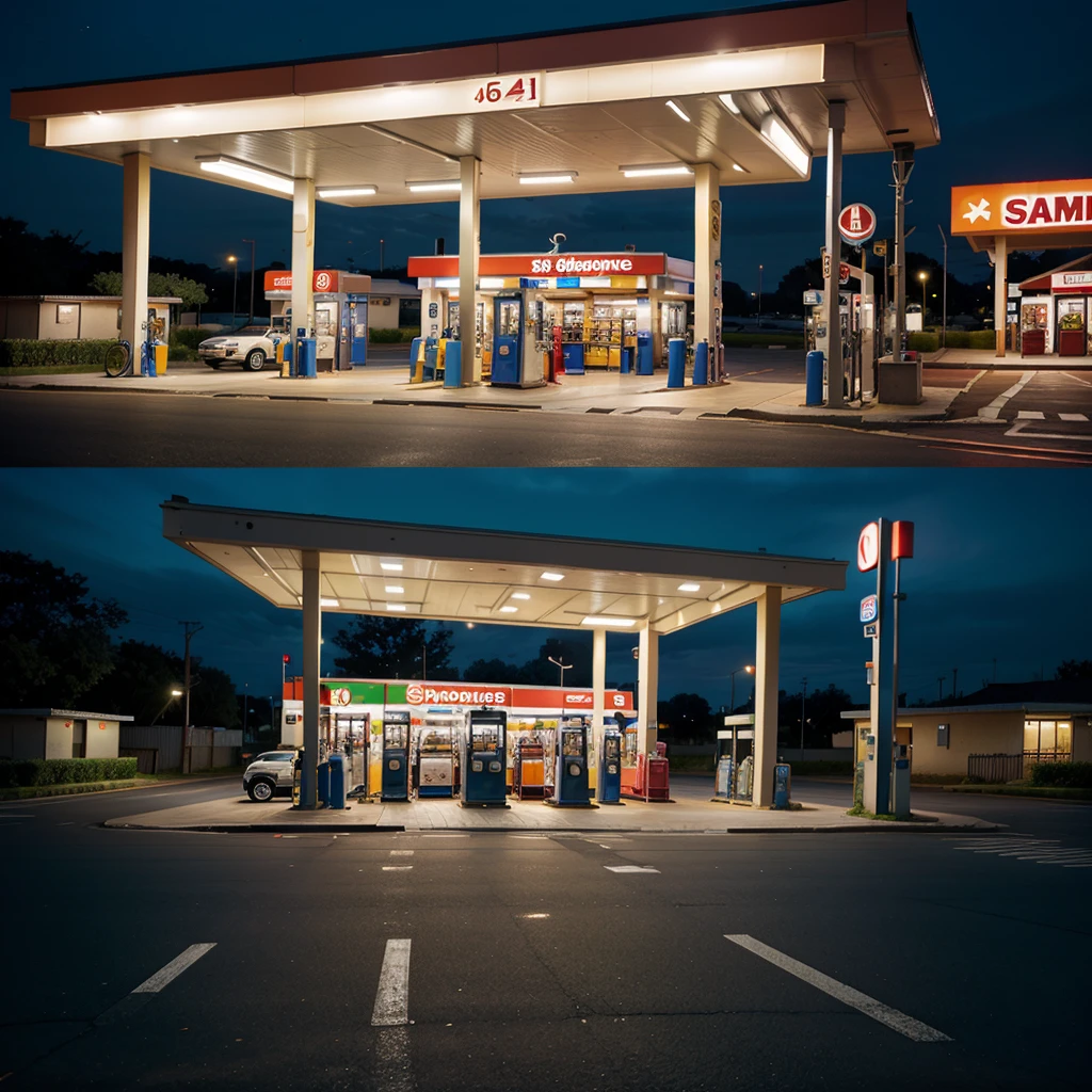 Gas station with supermarket and evening