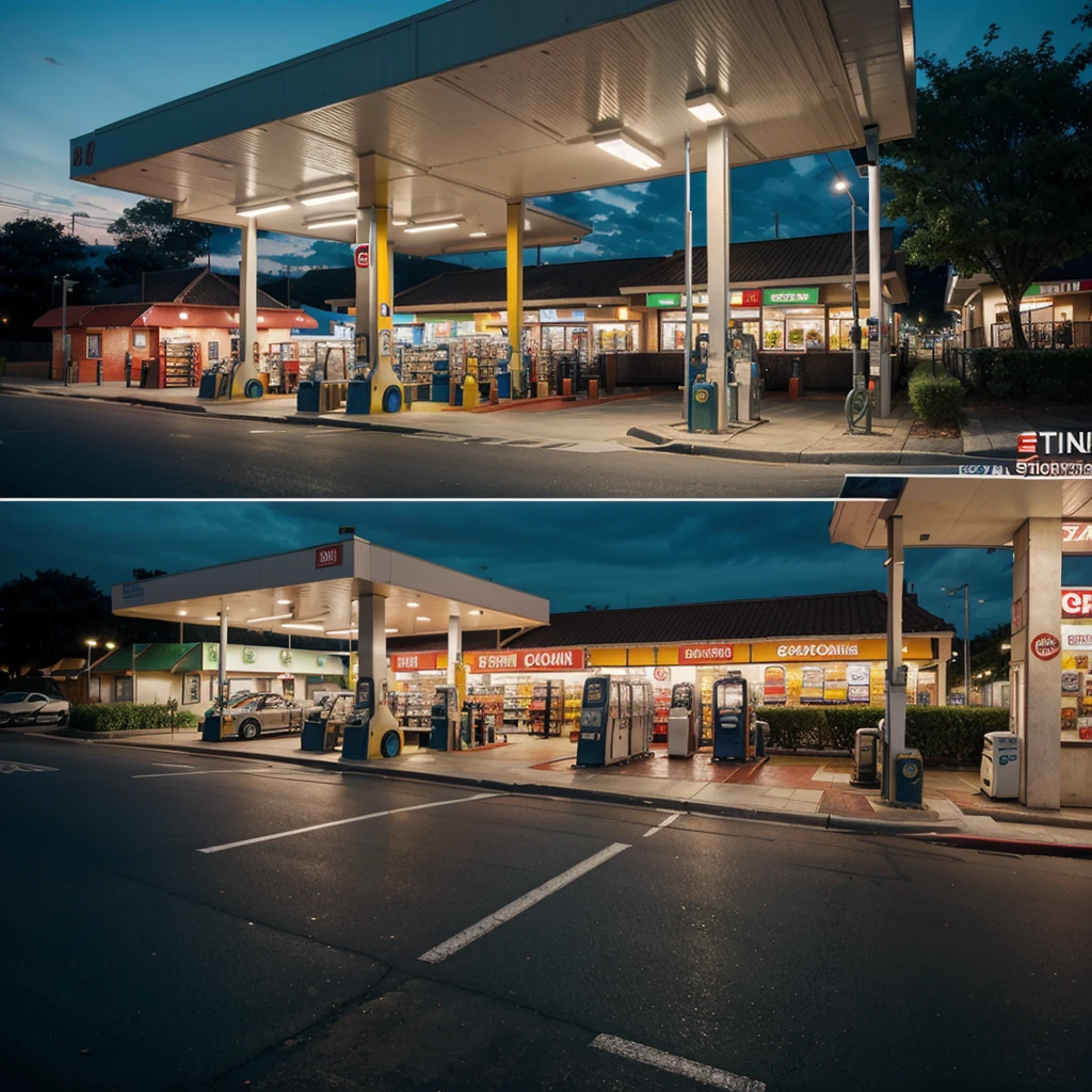 Gas station with supermarket and evening