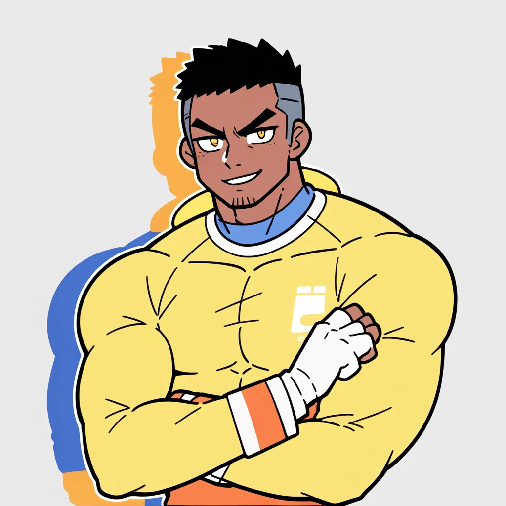 anime characters:Gyee, Muscle Sports Student, negro black skin, 1 dark skin muscular tough guy, Manliness, male focus, Light yellow high collar long sleeve tight T-shirt, Slightly transparent material, Very tight, Round, full and perky chest muscles, Slightly transparent, muscular male, muscular, only, Upper body, alone, Black short hair, Thick eyebrows, stubble, Yellow eyes, Grey background, simple background, amazing quality, best aesthetics, Ridiculous, bright pupils, crew cut, parted lips, seductive smile, torogao, naughty face, drop shadow, best quality