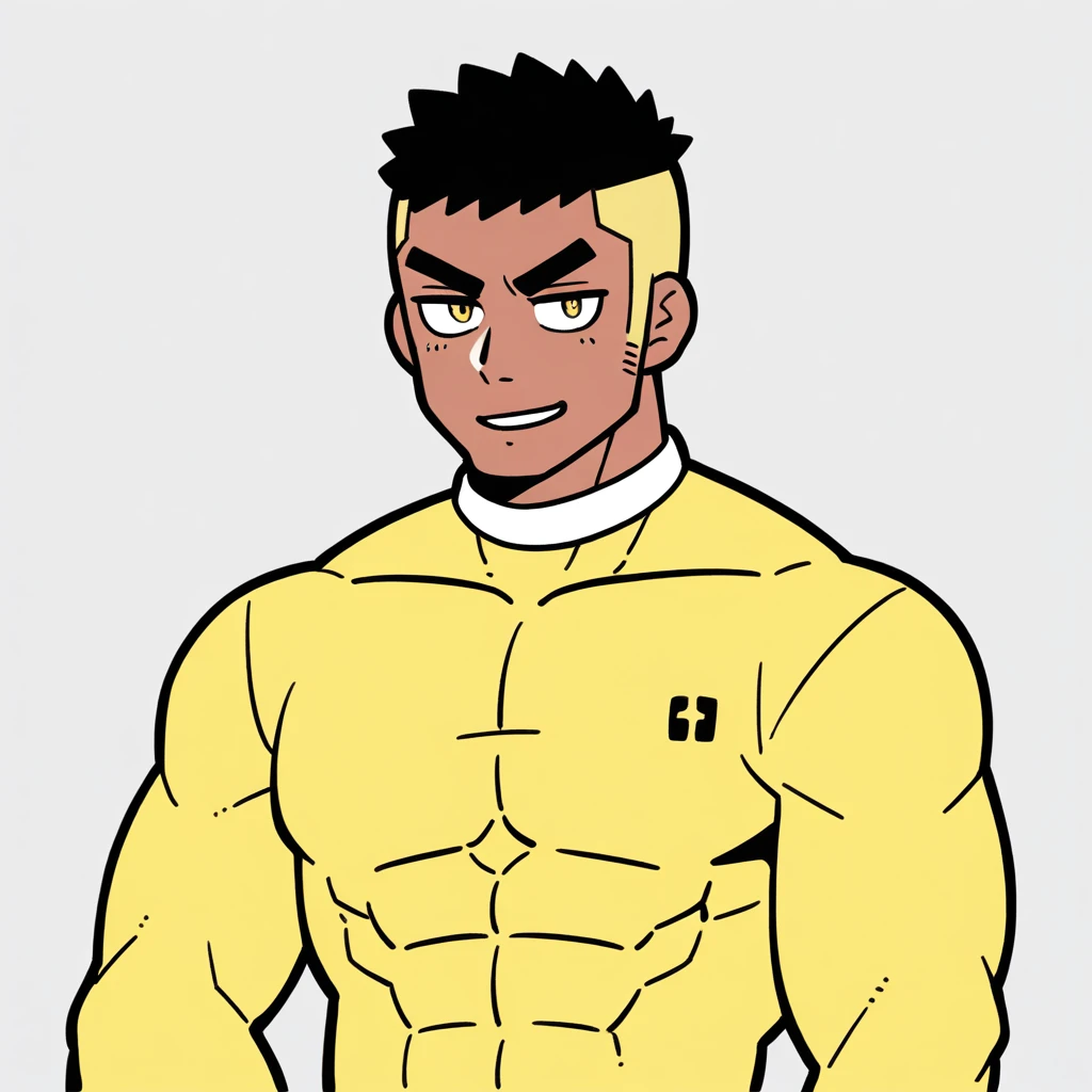 anime characters:Gyee, Muscle Sports Student, negro black skin, 1 dark skin muscular tough guy, Manliness, male focus, Light yellow high collar long sleeve tight T-shirt, Slightly transparent material, Very tight, Round, full and perky chest muscles, Slightly transparent, muscular male, muscular, only, Upper body, alone, Black short hair, Thick eyebrows, stubble, Yellow eyes, Grey background, simple background, amazing quality, best aesthetics, Ridiculous, bright pupils, crew cut, parted lips, seductive smile, torogao, naughty face, drop shadow, best quality