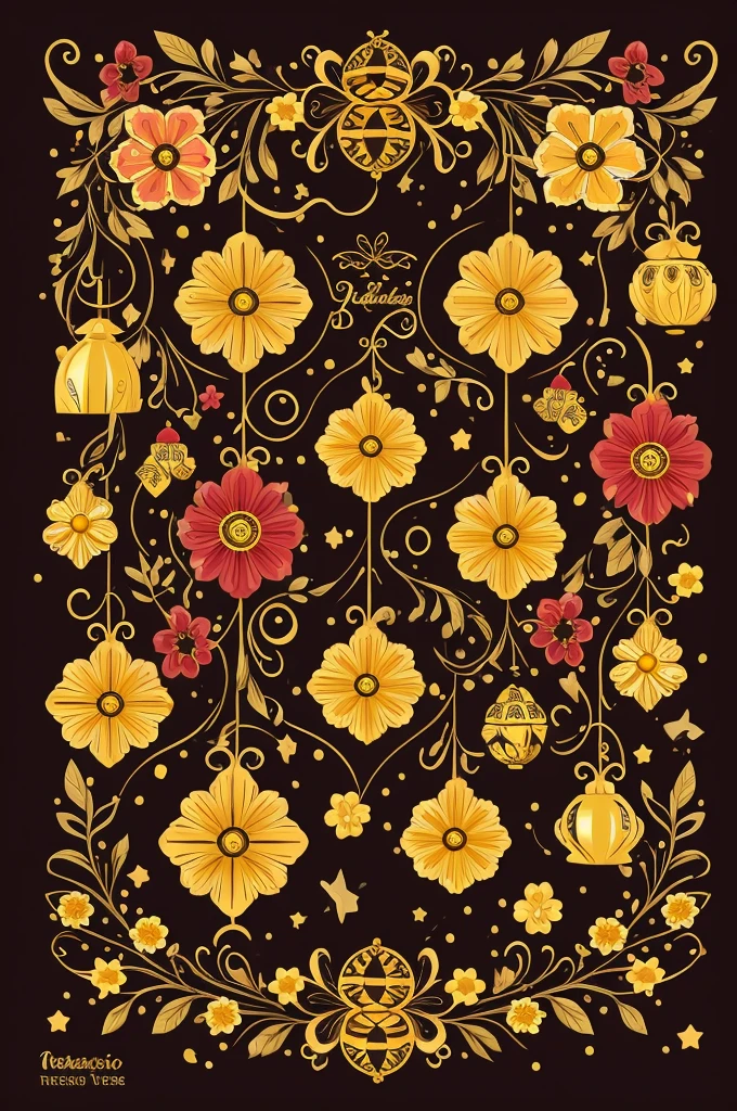 ((Best Quality)), ((Masterpiece)), (detailed), tattoo of flowers bells and ortencias, with bees hearts and stars around ((vector))