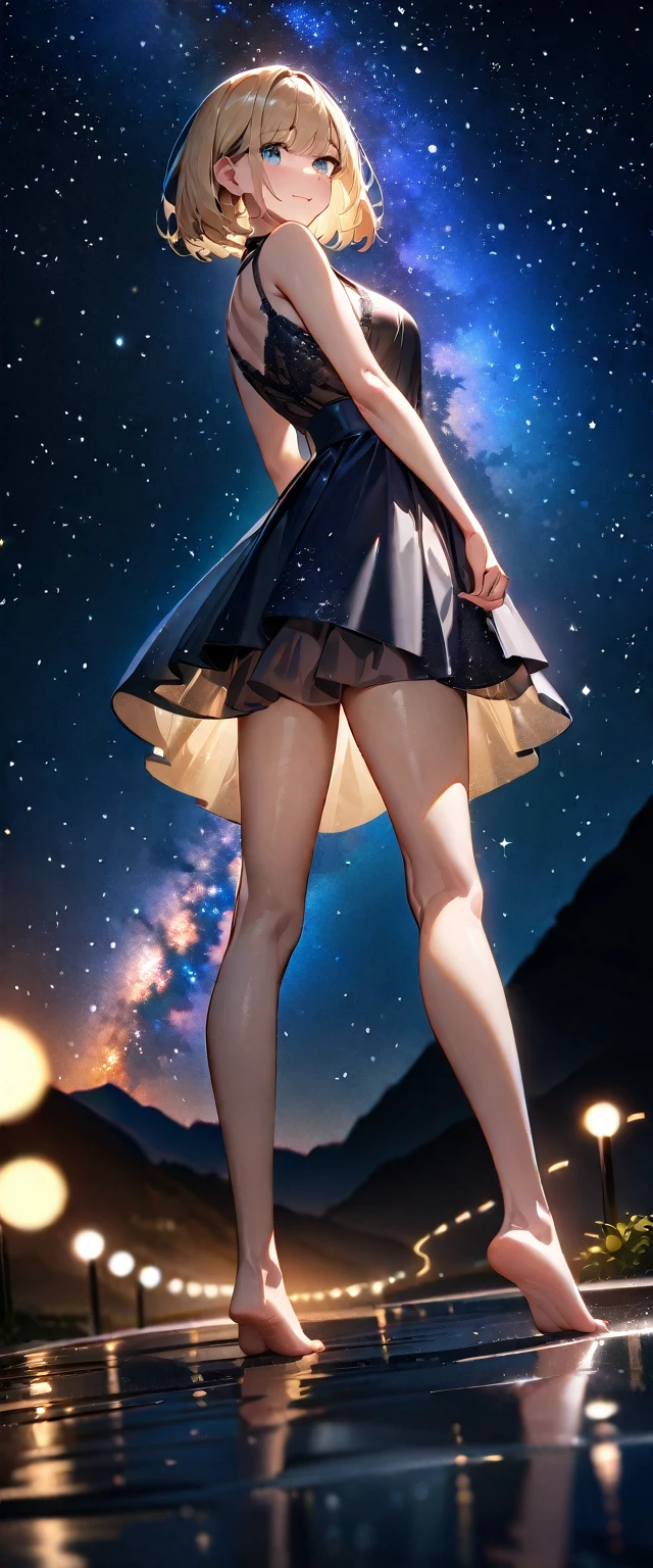 (((A big star dancing in the night sky, countless stars twinkling in the clear air, a beautiful starry sky, the Milky Way shining beautifully in the night))), mountain, wide shot, a girl, bob cut, bare legs, bare foot, blond hair, (best quality, 4K, 8K, highres, masterpiece:1.2, ultra-detailed, HDR, uhd, studio lighting, ultra-fine painting, sharp focus, physically-based rendering, extreme detail description, professional, vivid colors, bokeh)