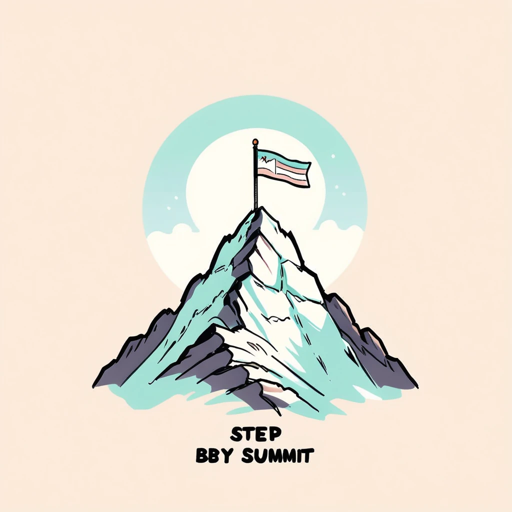 a simple doodle of a mountain range with a small flag on the peak. Text saying 'Step by step summit awaits' - minimalist doodle style, pastel color