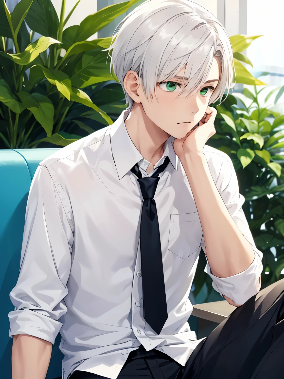 1boy,Sitting, looking away, expression surprised,,cool style,side parted hair,18 years old,White shirt, tie, black trousers,,guy, close up photo,handsome,side parted hair,short hair, straight hair, white hair,green eyes,ultra detailed, ultra HD