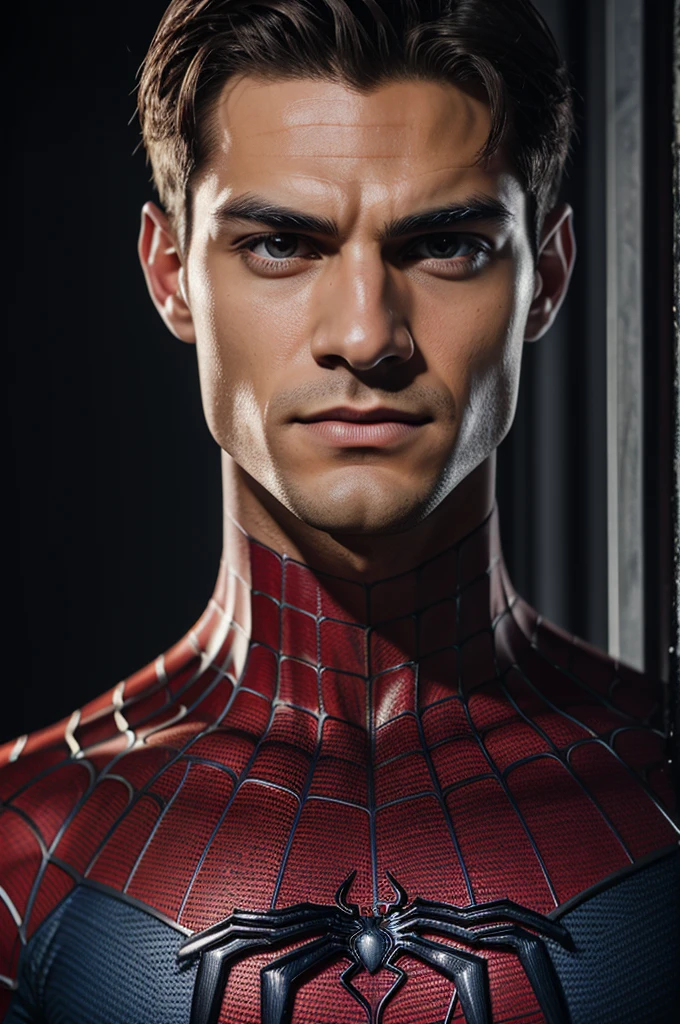 A photo of Spiderman, no mask, the 20s, good looking, detailed face, look into the camera, portrait, 8K UHD, good quality