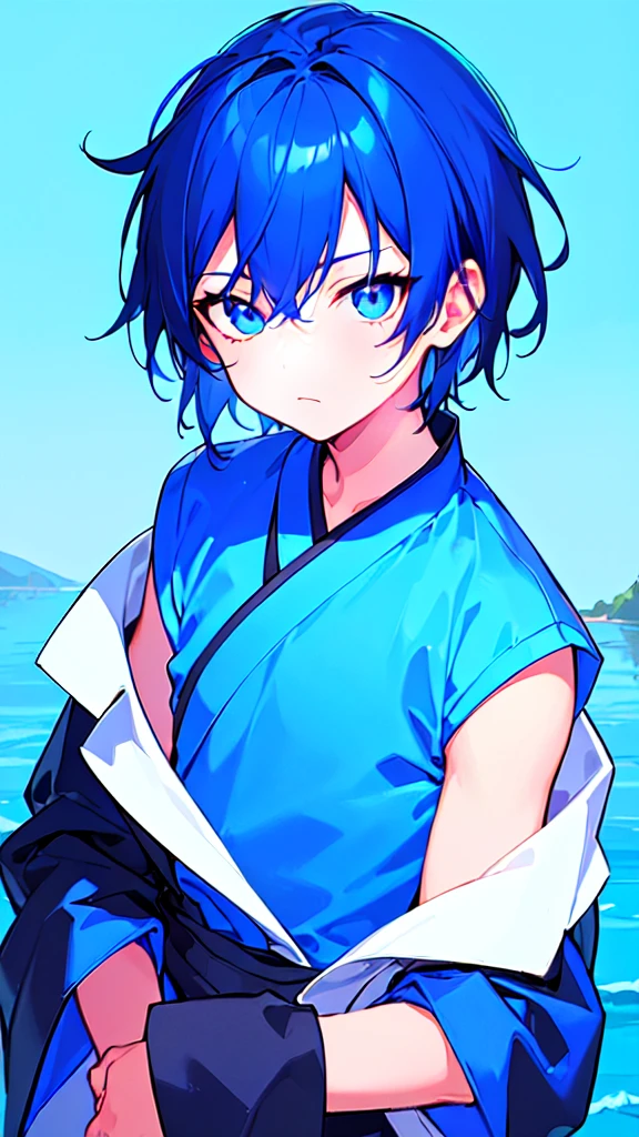 [(SKYBLUE BACKGROUND:1.5),::5], ((((masterpiece)))), high quality, ultra very high resolution, full color, (((solo))), (( boy)), oriental deepBlue hair, (oriental deepblue eyes), anime, ((upper body)), Summer clothes, neon light, black parka, 