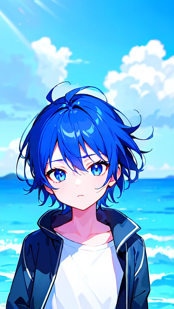 [(SKYBLUE BACKGROUND:1.5),::5], ((((masterpiece)))), high quality, ultra very high resolution, full color, (((solo))), ((little boy)), oriental deepBlue hair, (oriental deepblue eyes), anime, ((upper body)), Summer clothes, neon light, black parka, 