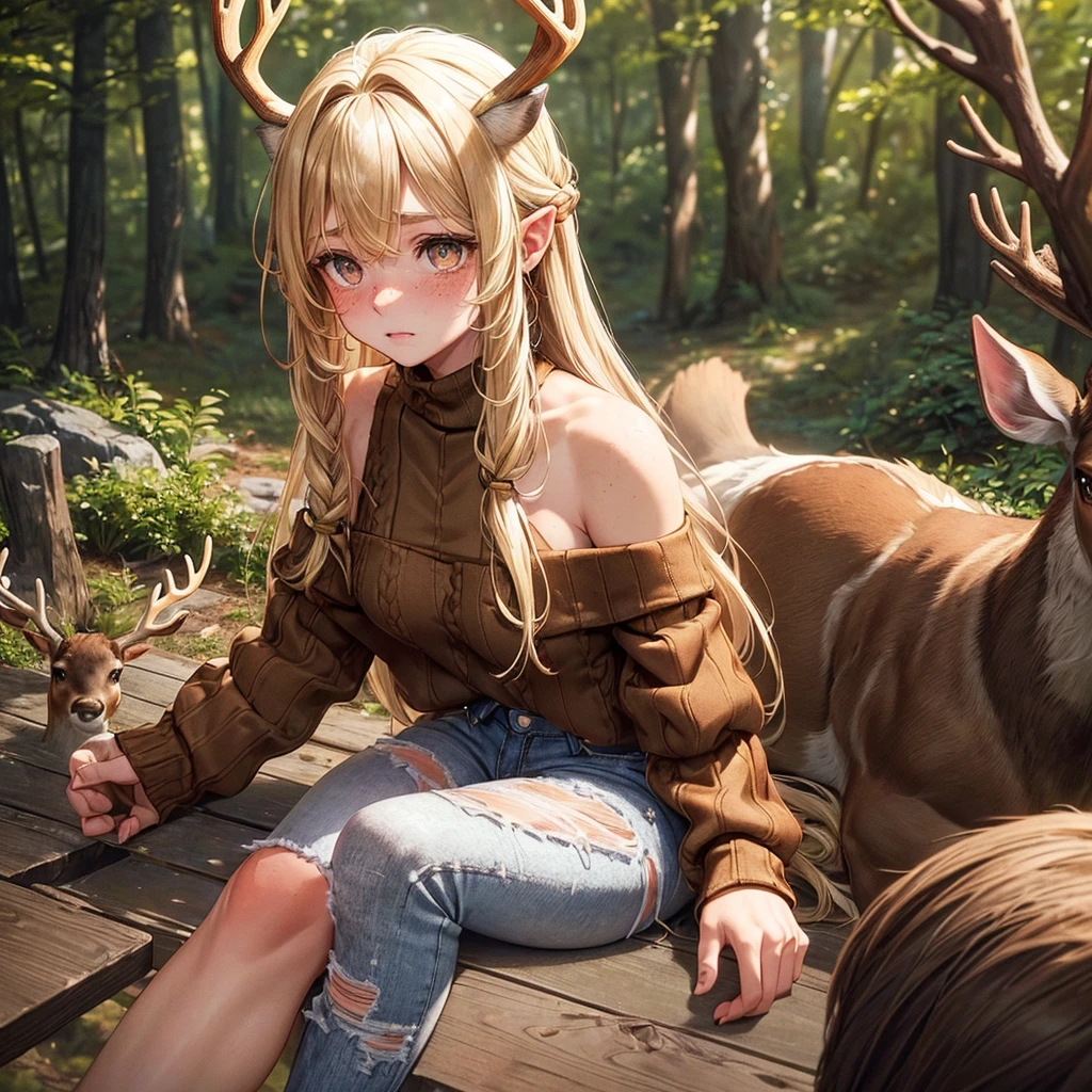 ((gemale, doe eyes, brown colored eyes, soft blonde hair, deer antlers, shy, in forest, freckles, brown off the shoulder sweater, ripped jeans, skinny, blushing))