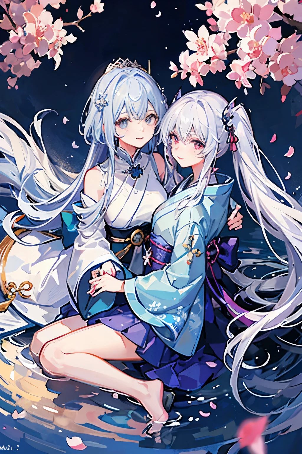 Crystal clear light blue hair、Her hair is gradated and white from the hairline to the middle.、Hair length is up to the knees、A gorgeous light blue kimono、Carrying two swords、The hair ornament is glittering gold.、Silver hair ornament、Cherry blossom petals are waiting in the background、night、full moon、white dragon、lake、She has big breasts、Adult face、