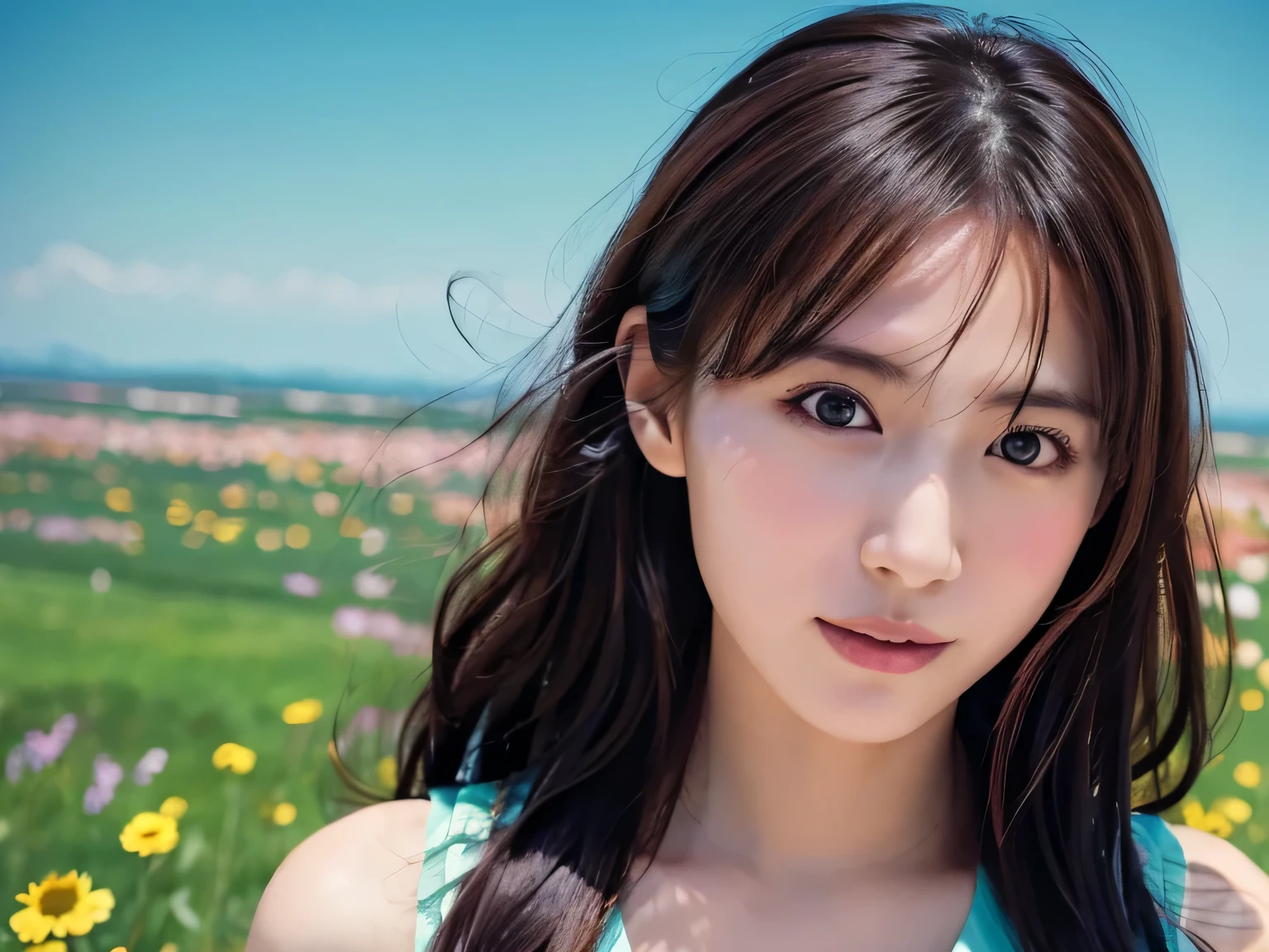 Top quality, 1 beautiful woman, Sunlight, ((masterpiece, Highest quality, High resolution)), (windy,floating hair:1.5), Surprised, 1 Japanese girl, (Realistic: 1.4), Great face, 15 years old, Medium Hair, (Beautiful Hair:1.5), one piece, Meadow and blue sky, (Top view:1.3), Smooth, Highly detailed CG composite 8K wallpaper, High resolution RAW color photos, Professional photography, Light, BackLight, dream-like, impressive, Written boundary depth