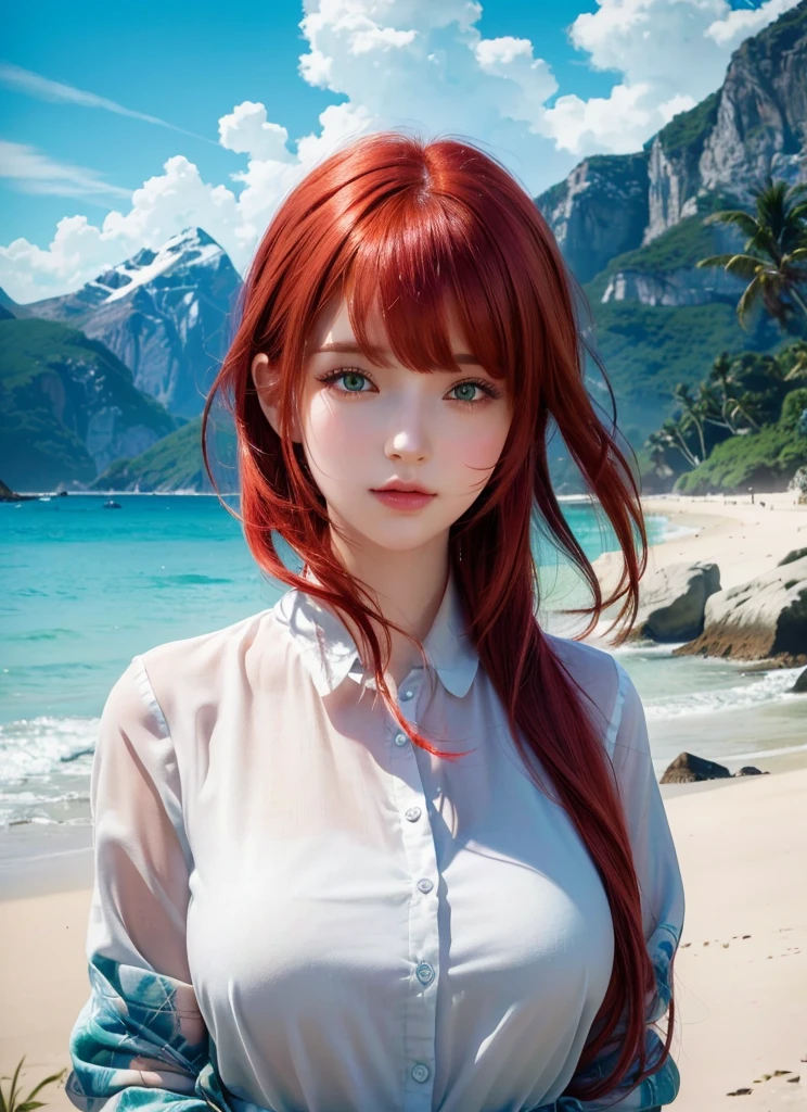 cute girl with red hair and green eyes standing on a beach, detailed digital beautiful art, realistic cute artstyle, beautiful  portrait, smooth  cg art, painted in  painter studio, realistic 8k