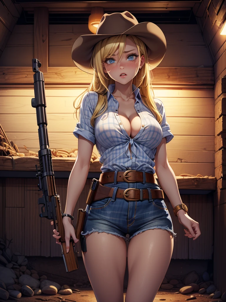 (((Cowgirl Costume))),(((Wear low-waisted denim shorts and short western boots))),(((Wear a western hat))),(((wear a leather belt))),(((He is wearing short sleeves, Plaid, front tie shirt))),(((Wear a gun belt:1.5))),(((Wear a watch on your wrist))),(((Showing cleavage))),(((Bare inner thighs))),(((Bare arms))),(((Her hair is blonde))),Beautiful detailed girl, Very detailed目と顔, 緻密でBeautiful Eyes, Very detailedな, High resolution, Highest quality, masterpiece, Very detailed, 8k wallpaper, wonderful, finely, Highest quality,One girl,(((Basement at night:1.5))),(((Standing in front of a wooden wall))),Beautiful Eyes,((Crying face:1.0)),((Being drunk)),Open your mouth
