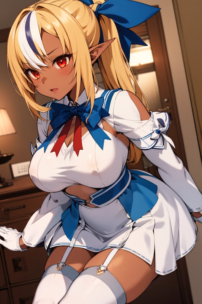 1girl, shiranui flare, streaked hair, dark skin, long hair, blonde hair, hair bow, blue bow, pointy ears, solo, white gloves, detached sleeves, garter straps, white thighhighs, white dress, red eyes, red bowtie, white hair, long sleeves, ponytail,indoor,