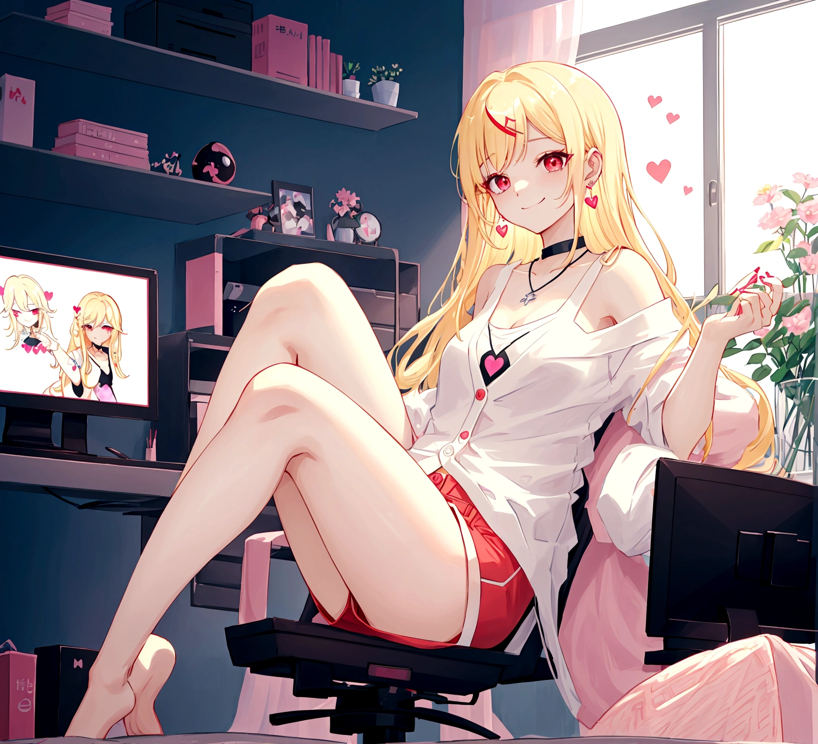 ((최고의 품질)), ((걸작)), (상세한), 여자 1명, Create an anime-style digital artwork of a character with long, straight, sleek blonde hair and bright red eyes. The character is wearing a white cardigan over a black tank top and dolphin shorts. She is accessorized with a pink heart pendant choker and long, decorative earrings. Her hair features a red heart hairpin on the side. The character is sitting in her room in front of a desktop computer, smiling warmly. The background should show a cozy room with soft lighting, with elements like a computer desk, monitor, and some personal items scattered around. The overall mood should be relaxed and inviting, capturing the essence of a casual day indoors.shiny forehead,slicked-back hair, forehead