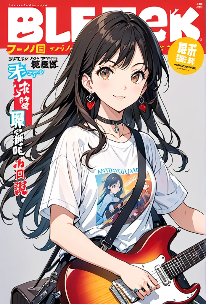 anime artwork magazine cover,magazine cover illustration,magazine cover illustration,1girl,guitar,instrument,reference inset,black hair,shirt,solo,jewelry,white shirt,electric guitar,holding,t-shirt,photo inset,simple background,ring,looking at viewer,choker,earrings,holding instrument,print shirt,short sleeves,long hair,grey background,white background,smile,black choker,brown eyes,. anime style, key visual, vibrant, studio anime,  highly detailed