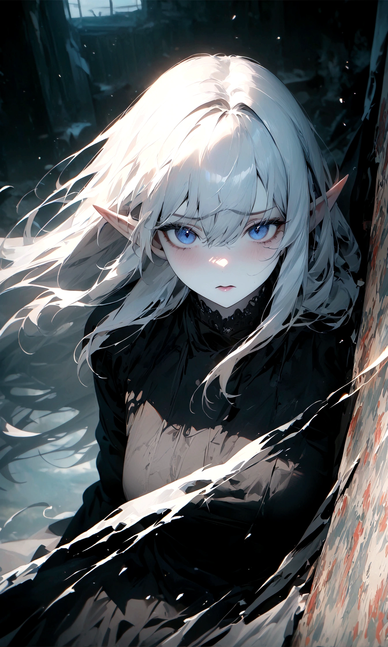 quality\(masterpiece, best quality,8k,wallpaper of extremely detailed CG unit,hight resolution,top-quality,top-quality real texture skin,hyper realisitic,increase the resolution,RAW photos,best qualtiy,highly detailed,the wallpaper\), BREAK ,1girl\(long white hair, dark blue eyes,elf, pale skin, dark circles under her eyes\),(dress on wind)