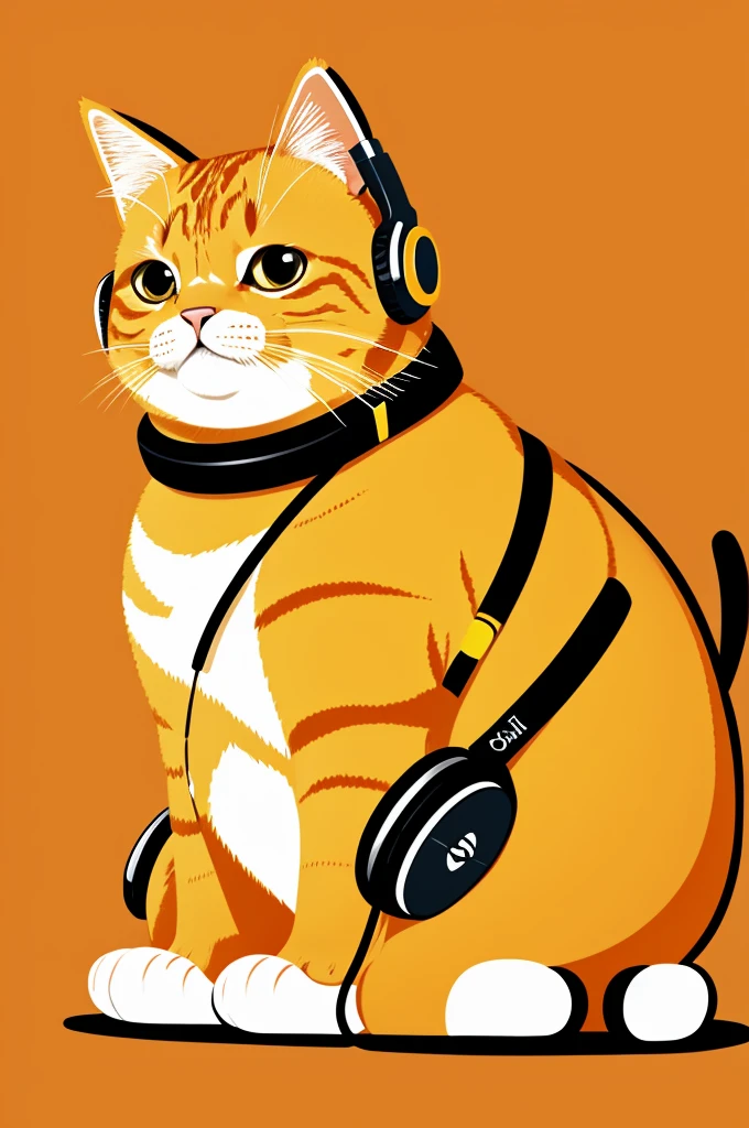 Cute drawing of a fat orange-yellow cat wearing headphones, listening to music.