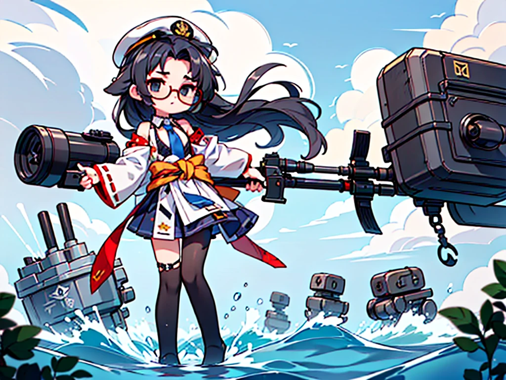 (((masterpiece, Vision))), ((((Full body of a woman with perfect flat chest、1 Female、solo、Short unkempt black hair、Tie your messy hair at the nape of your neck、white military jacket、Miko costume、black tights、Black glasses、White military cap、Cloudy black eyes、Confused eyes、Junyo-inspired emblem)))), (((Shipgirl))), ((Floating on the morning sea with both feet)), (Standing with your legs apart)), Aim, (Hold the shotgun turret grip with your right hand), (Equipped with a large caliber turret with a mechanical arm extending from the waist), (Equipped with a bridge on the back), (His left arm holds the grip of a triple machine gun),