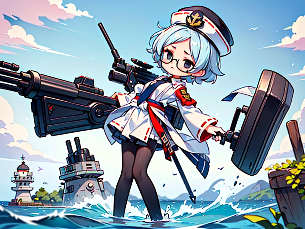 (((masterpiece, Vision))), ((((Full body of a woman with perfect flat chest、1 Female、solo、Short unkempt black hair、Tie your messy hair at the nape of your neck、white military jacket、Miko costume、black tights、Black glasses、White military cap、Cloudy black eyes、Confused eyes、Junyo-inspired emblem)))), (((Shipgirl))), ((Floating on the morning sea with both feet)), (Standing with your legs apart)), Aim, (Hold the shotgun turret grip with your right hand), (Equipped with a large caliber turret with a mechanical arm extending from the waist), (Equipped with a bridge on the back), (His left arm holds the grip of a triple machine gun),