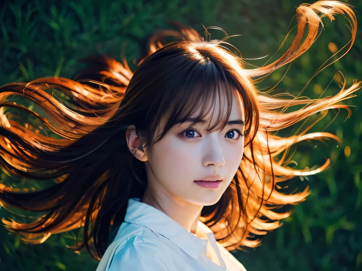 Top quality, 1 beautiful woman, Sunlight, ((masterpiece, Highest quality, High resolution)), (windy,floating hair:1.5), Surprised, 1 Japanese girl, (Realistic: 1.4), Great face, , Medium Hair, (Beautiful Hair:1.5), one piece, Meadow and blue sky, (Top view:1.3), Smooth, Highly detailed CG composite 8K wallpaper, High resolution RAW color photos, Professional photography, Light, BackLight, dream-like, impressive, Written boundary depth