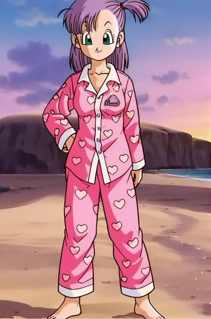source_anime, score_9, score_8_up, score_7_up, anime screencap,
bulma, 1girl, solo, looking at viewer, smile, sunset, beach, green eyes, standing, full body, purple hair, heart, barefoot, hand on hip, one side up, pajamas, heart print, pink pajamas, clothes writing,revealing breast,nude body, little tits,