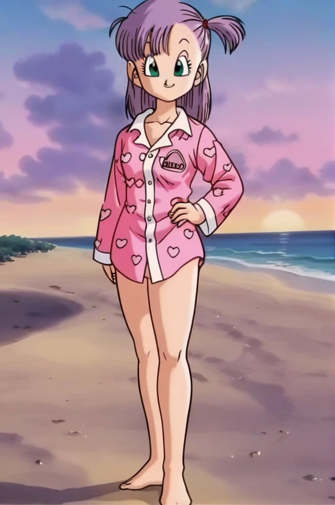 source_anime, score_9, score_8_up, score_7_up, anime screencap,
bulma, 1girl, solo, looking at viewer, smile, sunset, beach, green eyes, standing, full body, purple hair, heart, barefoot, hand on hip, one side up, pajamas, heart print, pink pajamas, clothes writing,revealing breast,nude body, little tits,
 