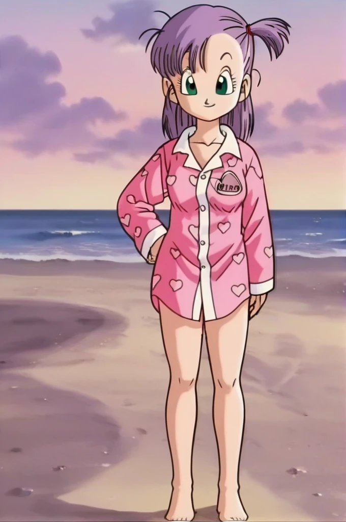 source_anime, score_9, score_8_up, score_7_up, anime screencap,
bulma, 1girl, solo, looking at viewer, smile, sunset, beach, green eyes, standing, full body, purple hair, heart, barefoot, hand on hip, one side up, pajamas, heart print, pink pajamas, clothes writing,revealing breast,nude body, little tits,
 