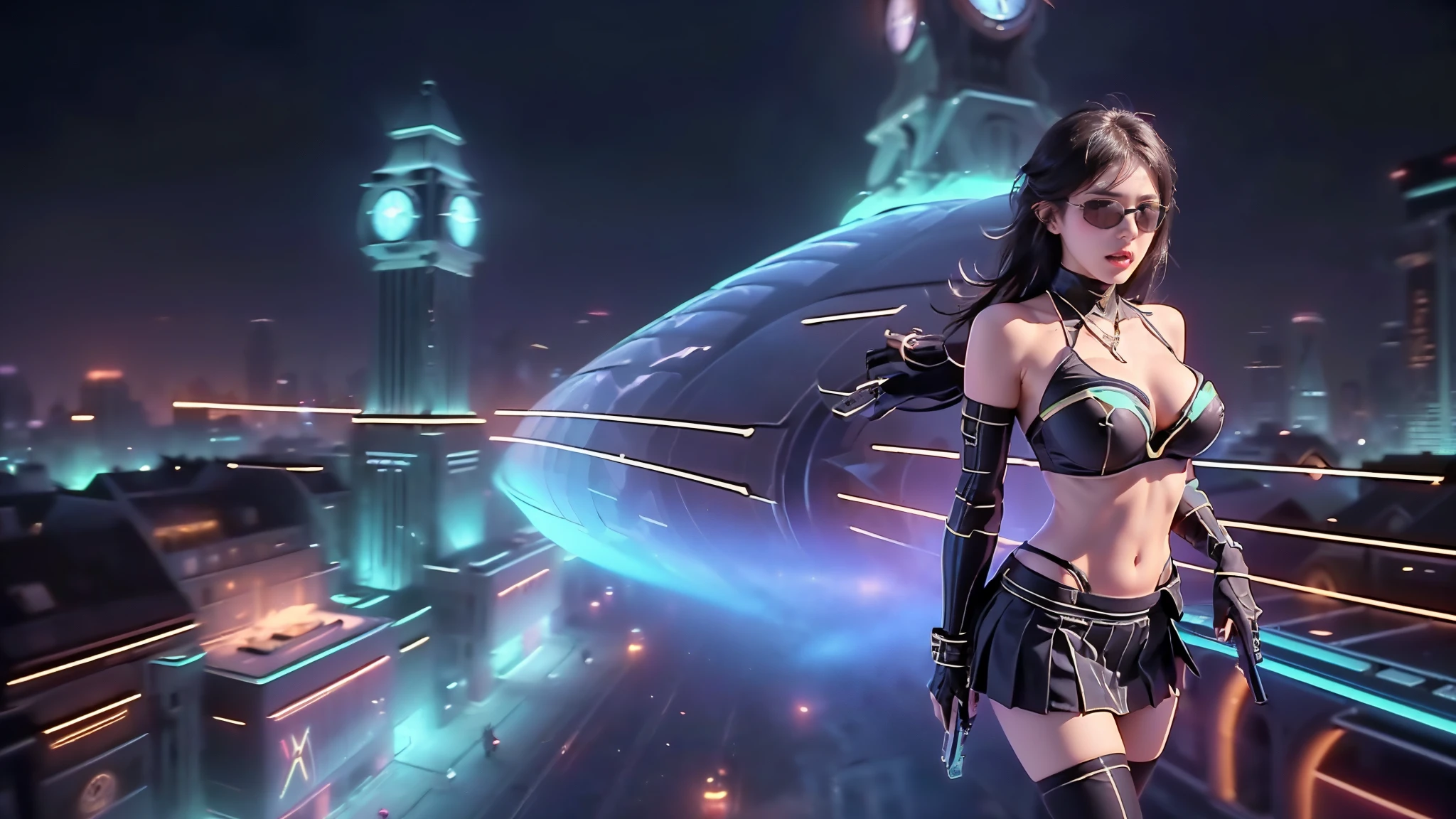 (aerial view). at night, futuristic sci-fi cyberpunk city, broad viaduct, skyscrapers at the end of the viaduct, the movie "13th Floor" style, (((((voltex-spirit-spreading giant clock tower as time machine))))), hq. Matrix style, at night, (1girl, solo), photo realistic, (large-breast:1.2 slim body, cleavage:1.3), (((tube top, extreamly short pleated (((miniskirt)))))), (((((matrix style black sunglasses))))), (((((aiming at camera with a (short:0.8 pistol)))))), (((half-body (thigh level) medium shot))), (cinematic lighting).