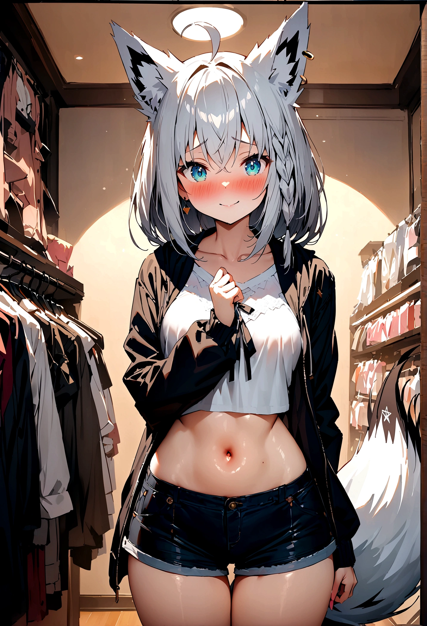 NSFW,masterpiece,Highest quality,High resolution,Super detailed,Shirakami Fubuki\(Hololive\),Gray Hair、One-sided braid、Ahoge、Earrings,Fox ears,Fox tail,Jacket,Crop top shirt,Shorts,Embarrassed,blush,Expecting face,Seduce,smile,Lingerie Shop,Underwear section