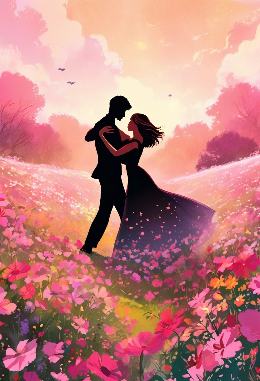a black silhouette of a couple dancing in the middle of a pink flower meadow, romantic atmosphere, beautiful detailed couple, vivid colors, lush floral landscape, dramatic lighting, manga style, digital art, by Marshall Arisman, cover illustration, 70mm, 7 0 mm, 70 mm, book cover illustration, by Brigette Barrager, album cover, novel cover art for a book, art concept for a book cover, cover art, 7 feet tall,