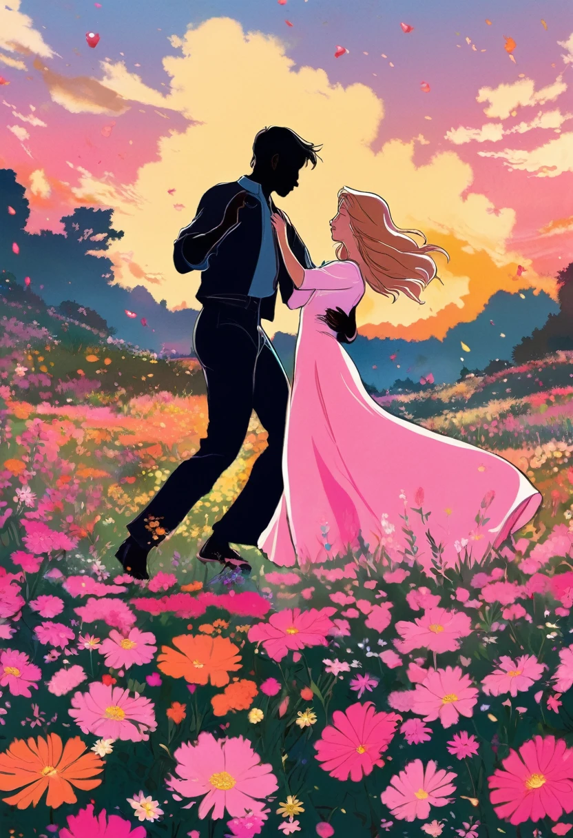 a black silhouette of a couple dancing in the middle of a pink flower meadow, romantic atmosphere, beautiful detailed couple, vivid colors, lush floral landscape, dramatic lighting, manga style, digital art, by Marshall Arisman, cover illustration, 70mm, 7 0 mm, 70 mm, book cover illustration, by Brigette Barrager, album cover, novel cover art for a book, art concept for a book cover, cover art, 7 feet tall,