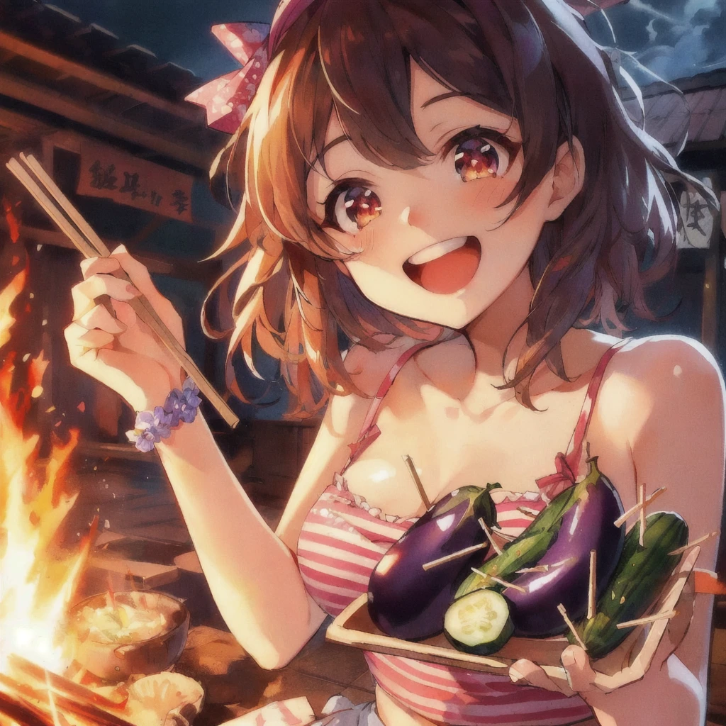 Anime girl in a hat holding pickles and eggplant on a wooden stick, Holding chopsticks,smile,bonfire in the back,I also make fan art, 80s anime style, Splash art anime , high detailed Official Artwork, by Kamaguruka, Showa Town, Official Art, Cute girl anime visuals, the material is!!! watermelon!!!, ❤🔥🍄🌪, everyone, Official Anime Artwork