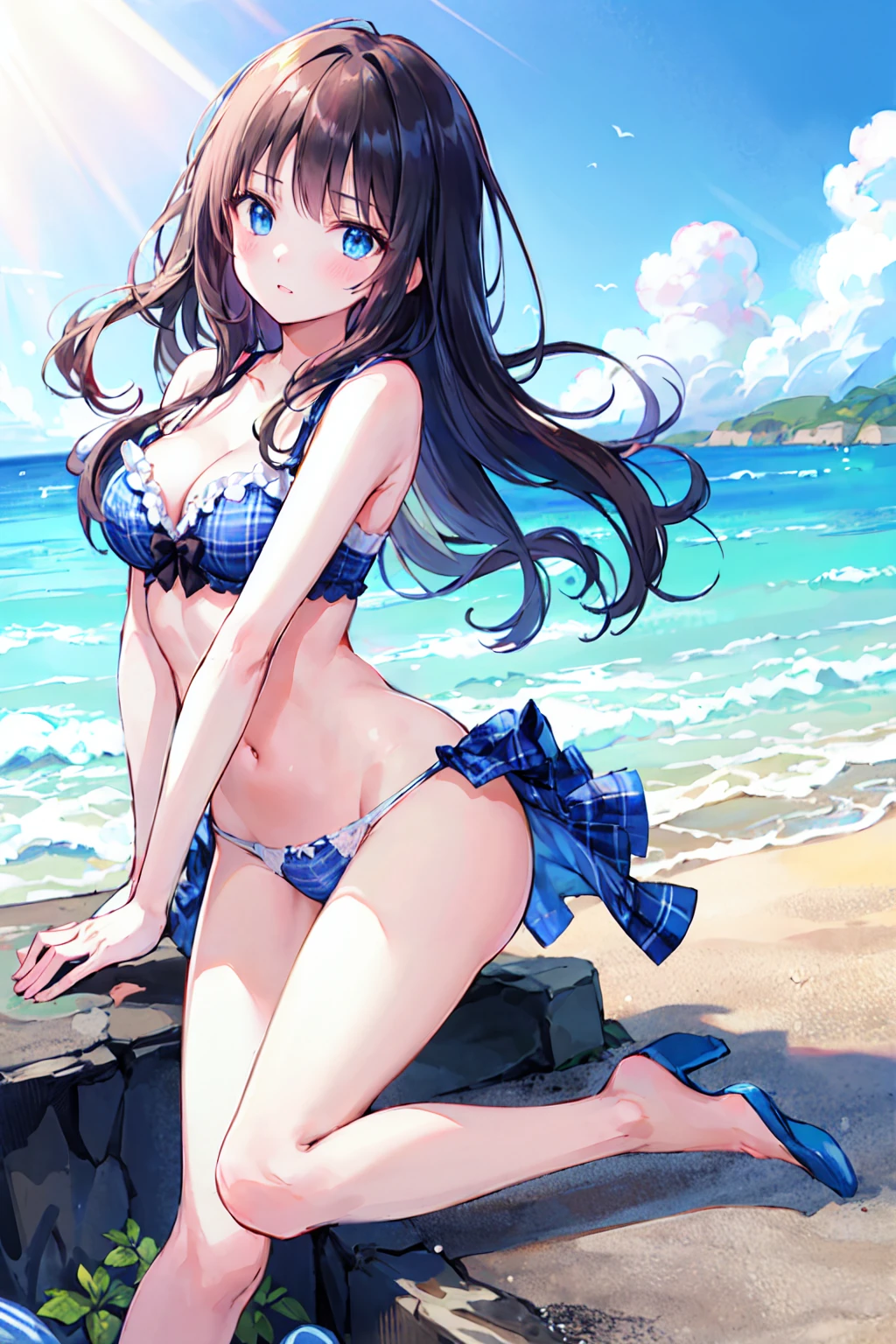 (((masterpiece、Highest quality、High resolution、sunlight、delicate)))Long black hair、blue eyes、Coastal、Beach、Naughty look、White and blue plaid bra、White and blue plaid panties、Please bend your legs、woman'Face、Hot Face、A slightly troubled look、Sweaty skin、blue sky、Squat、Spread your legs、Underwear is visible、Embarrassing、Side Ponytail、Scrunchie