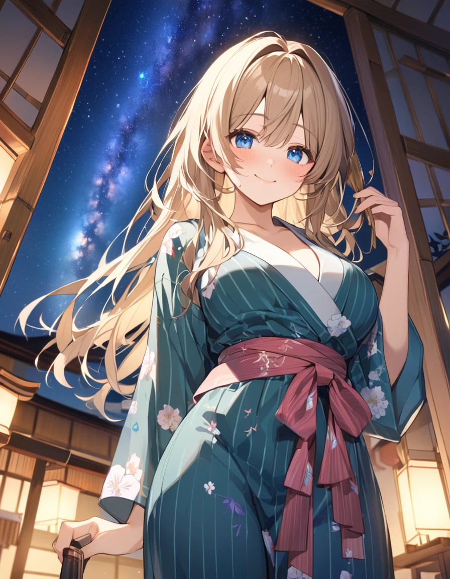 (Highest qualityのイラスト:1.2), (cute女の子:1.1), (1 girl、、Highest qualityのイラスト:1.2), (1 girl、Kind eyes、blue eyes:1.2)、Blonde、Semi-long hair、Mature、Larger breasts、(Highest quality、Very detailed、cute、Ultra-high resolution) 、Yukata、smile、night、Tanabata、Strip、Bamboo leaf、night空、milky way