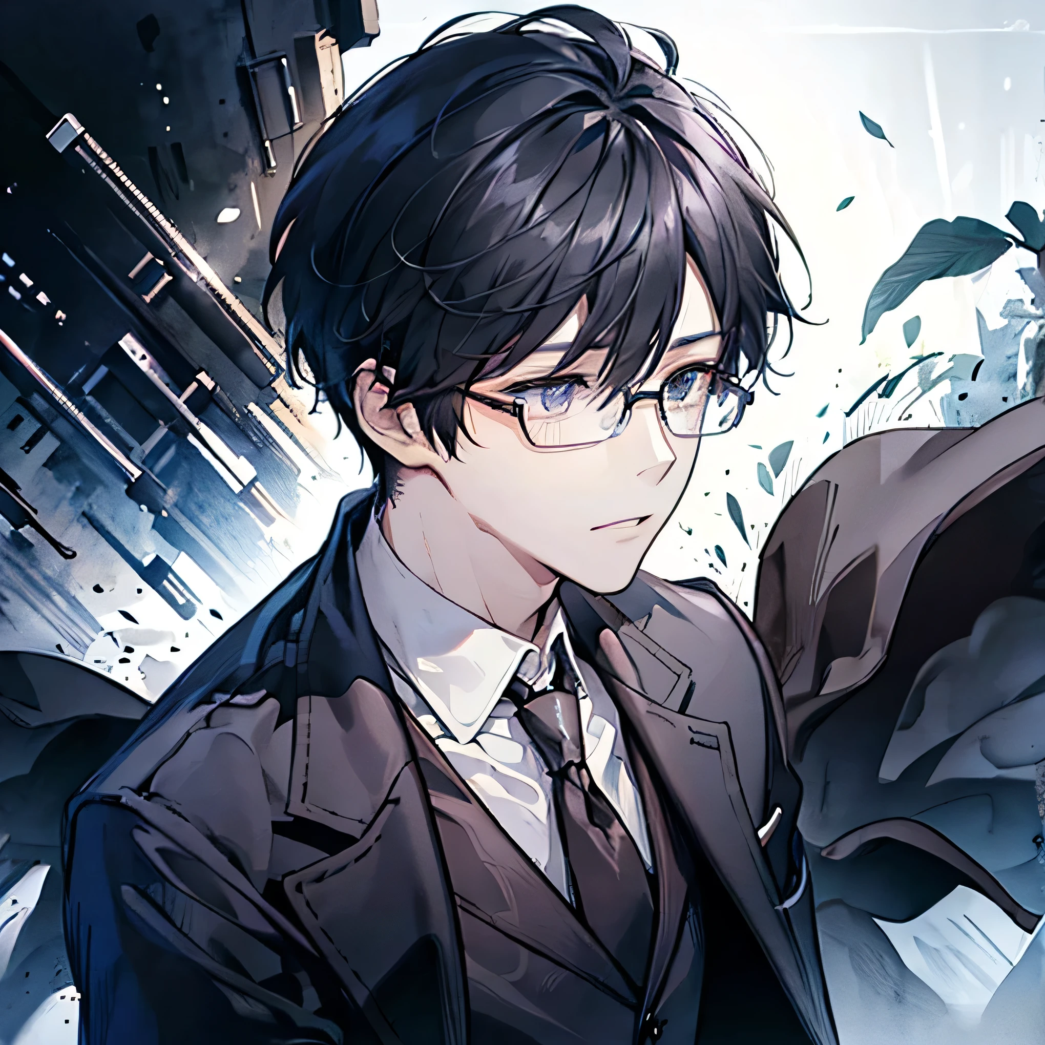 Glasses、Black Hair、Short Hair、suit、Black gloves、Blue Eyes、Soft Light、male、1 person、portrait、profile、White