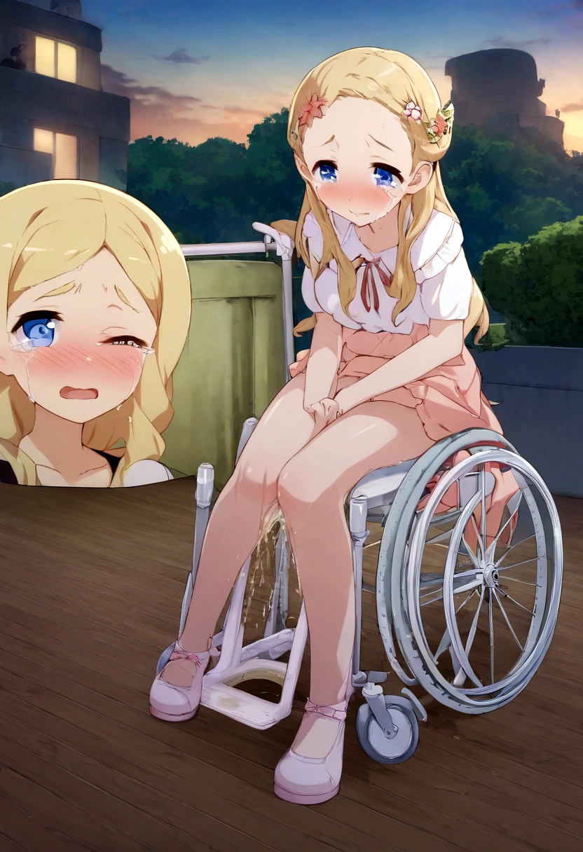 Anime. 1 girl. . . Baby. Princess. Blonde. Long hair. Blue eyes. Beautiful eyes. Perfect eyes. Expressive eyes. Eyes covered with a faded film. Blind eyes. Blind. Ideal face. Ideal anatomical body. Beautiful long legs. Beautiful body. Beautiful nose. 12 years old. Embarrassment. Blush. Beautiful character design. Shiny skin. Light white dress. Shoes. Hair decorations. Disabled person. Paralytic. Sitting. Wheelchair. Hands on crotch. Urinary incontinence. Wants to pee. She needs to pee. She has a strong, desperate urge to pee. He squeezes his crotch tightly. Rubs copper. Slight lean forward. She peed herself. Fantasy city. A park. Date. At the entrance to a public toilet. He takes off his wet panties. Tears in my eyes. Cry. Snot flows from the nose. Full body. nsfw. Official art. Extremely detailed CG Unity 8k wallpaper. Ideal lighting. Ultra high resolution 4K. Super detailed 8K. A high resolution.