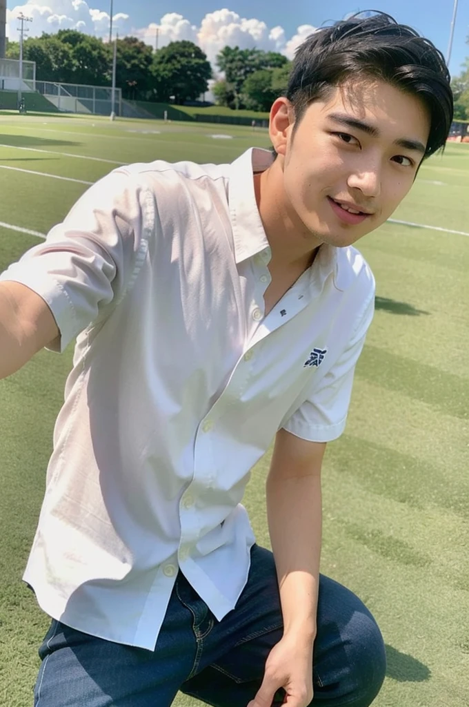 young asian man looking at camera In a white button-down shirt , Fieldside, beach, sunlight, looking at the football field