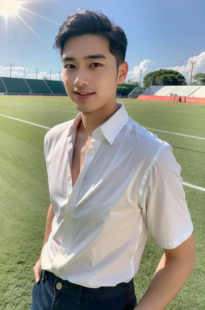 young asian man looking at camera In a white button-down shirt , Fieldside, beach, sunlight, looking at the football field