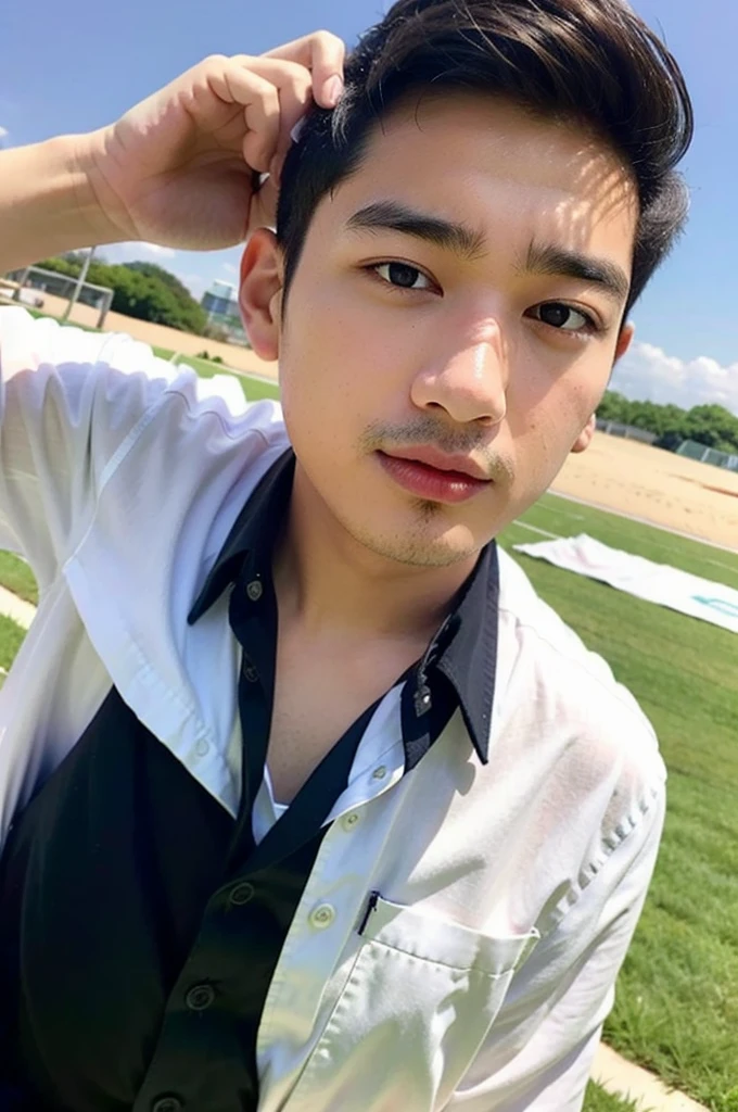 young asian man looking at camera In a white on-down shirt , Fieldside, beach, sunlight, looking at the football field