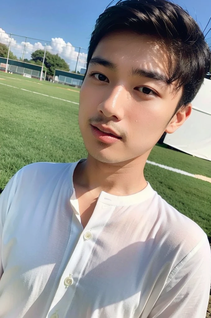 young asian man looking at camera In a white button-down shirt , Fieldside, beach, sunlight, looking at the football field