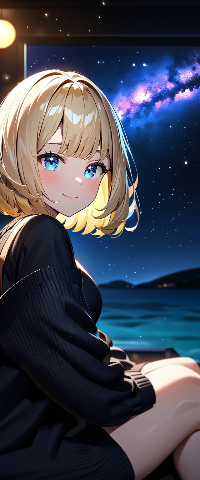 ((leaning forward)), (((focus on face))), ((close up face)), (((a beautiful starry sky, the Milky Way shining beautifully in the night))), ((Aran sweater)), ((((from side)))), ((sitting on the very high cliff)), wavy hair, inward curled hair, sea, ((blond hair, bob cut:1.3)), breasts, teenager, (looking at viewer), oversized clothes, puffy long sleeves, ((off-shoulder sweater:1.3, Quite thick shoulder straps)), ((black sweater)), collarbone, head tilt:1.3, (((blue eyes))), happy smile, (((anime style))), (best quality, 4K, 8K, highres, masterpiece:1.2, ultra-detailed, ultra-detailed eyes, HDR, uhd, studio lighting, ultra-fine painting, sharp focus, physically-based rendering, extreme detail description, professional, vivid colors, bokeh)