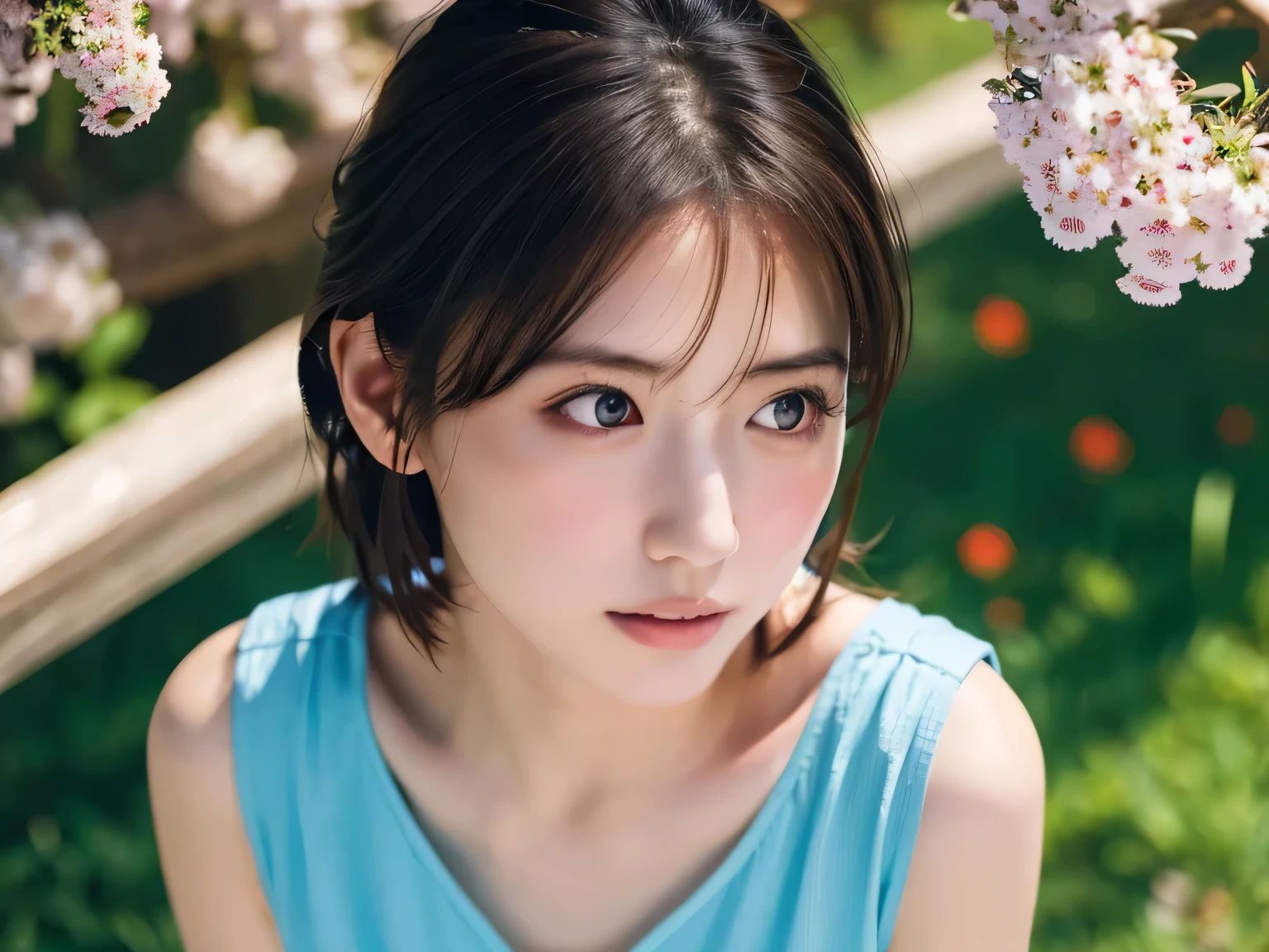 Top quality, 1 beautiful woman, Sunlight, ((masterpiece, Highest quality, High resolution)), (windy,floating hair:1.5), Surprised, 1 Japanese girl, (Realistic: 1.4), Great face, , Medium Hair, (Beautiful Hair:1.5), one piece, Meadow and blue sky, (Top view:1.3), Smooth, Highly detailed CG composite 8K wallpaper, High resolution RAW color photos, Professional photography, Light, BackLight, dream-like, impressive, Written boundary depth