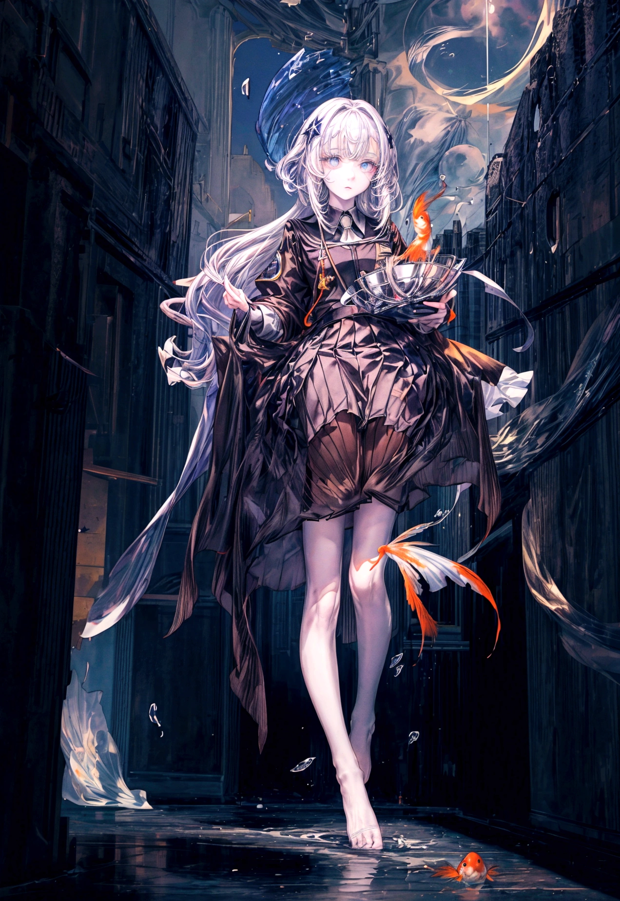 (female\(student, age of 15, JK, short silver floating hair, cosmic colored eyes, black color uniform of school, pale skin, tired face with no shine in the eyes\) is looking up at the sky), (so many goldfish are swimming in the air), beautiful sky, beautiful clouds, summery colorful flowers are blooming here and there, (crystal clear bubbles are shining prism here and there in the sky), there is the noonday moon and noonday stars in the sky, at messy downtown, BREAK ,quality\(8k,wallpaper of extremely detailed CG unit, ​masterpiece,hight resolution,top-quality,top-quality real texture skin,hyper realisitic,increase the resolution,RAW photos,best qualtiy,highly detailed,the wallpaper,cinematic lighting,ray trace,golden ratio\),(long shot),wideshot,