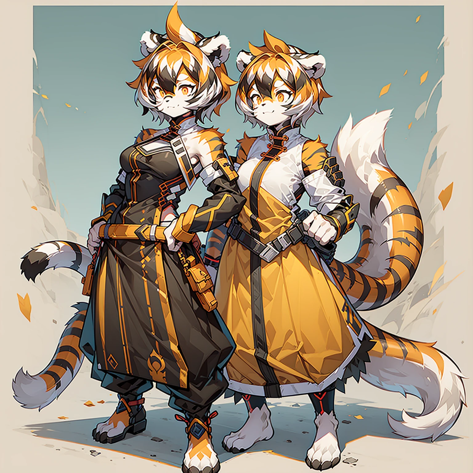 white background, full body, solo, Standing, heading up, proud , young girl, animal ears, arknights, white hair, black hair, round eyewear, glasses, OPPEIN, short hair, large breasts, muscle，tail, orange eyes, orange hair, multicolored hair, tiger girl, furry female, hair between eyes, tiger_ears, tiger_tail, waai_fu, orange-tinted_eyewear, tinted_eyewear, Sophorae, ワイフー, waai_fu_arknights, tattoo, petite, neck tattoo, big breasts, stomach tattoo, bra, panties, evil smile, Shadows under feet，text，