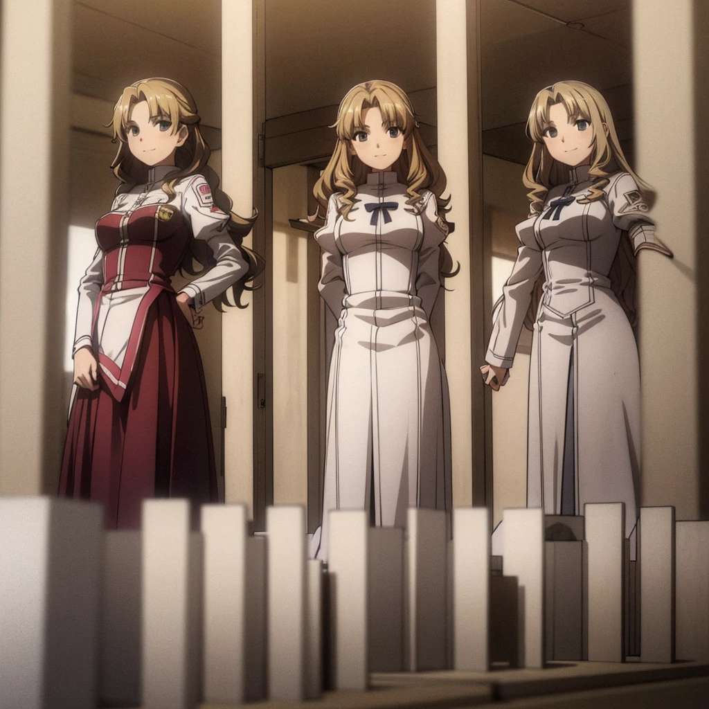 masterpiece, high quality, Multiple girls, organization, Same sisters, Blonde Hair, curls, (brown haired sisters, Blonde sisters, many sisters, Match hairstyle, different hair colors), Hazel eyes, Medium bust, ((Matching Clothing, Uniforms)), Smile, flat_color, Same height, organization pose, Back to back,