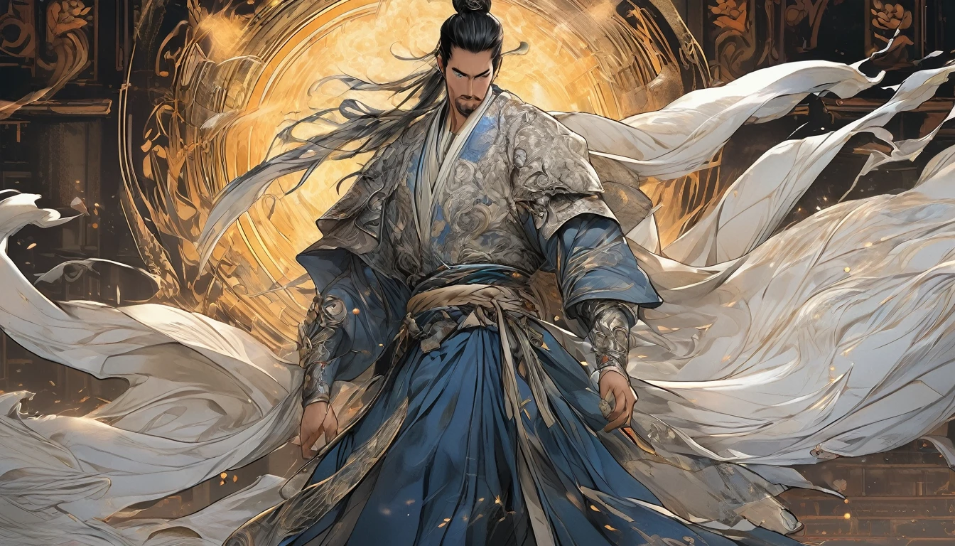 Line art drawing comic a perfect handsome male, Clear Face, Small man in his 40s, Hanfu,Topless, Black Hair, beard, ((whole body)), Fine grain,villain, Detailed face,Perfect hand-crafted detail,Pen,sparks,
cast (unfathomable,Bamboo Flooring,Dragon Fire Glass Panel Brownian Motion,Diagonal lines,Zenith angle,Dust storm,Superfluid,ball,oval ,Flowing magic:1.0)| Wizard, (Vibrant,Illuminate,Enthusiast,cycle,dark blue,Chrome Yellow Arcanum,Dazzling,shine ,liquid crystal,Space dust,Teleport,The Magic of Dashed Lines:1.0) Purification spell, Trace the symbol on the parchment with a quill, Precisely craft a spell, Astral Sparkle, Simple Positive XLv1, Ultra-high resolution, wallpaper, 8K,Richly textured details, Elevation, A magnificent composition, . graphic illustration, Comic art, graphic novel art, Vibrant, Very detailed . Professional, Sophisticated, Modern, Minimalist, graphic, Line art, vector graphics