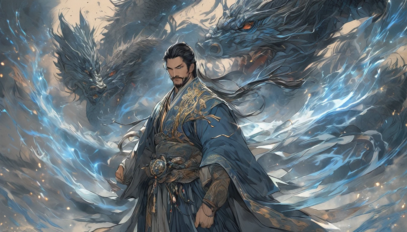 Line art drawing comic a perfect handsome male, Clear Face, Small man in his 40s, Hanfu,Topless, Black Hair, beard, ((whole body)), Fine grain,villain, Detailed face,Perfect hand-crafted detail,Pen,sparks,
cast (unfathomable,Bamboo Flooring,Dragon Fire Glass Panel Brownian Motion,Diagonal lines,Zenith angle,Dust storm,Superfluid,ball,oval ,Flowing magic:1.0)| Wizard, (Vibrant,Illuminate,Enthusiast,cycle,dark blue,Chrome Yellow Arcanum,Dazzling,shine ,liquid crystal,Space dust,Teleport,The Magic of Dashed Lines:1.0) Purification spell, Trace the symbol on the parchment with a quill, Precisely craft a spell, Astral Sparkle, Simple Positive XLv1, Ultra-high resolution, wallpaper, 8K,Richly textured details, Elevation, A magnificent composition, . graphic illustration, Comic art, graphic novel art, Vibrant, Very detailed . Professional, Sophisticated, Modern, Minimalist, graphic, Line art, vector graphics